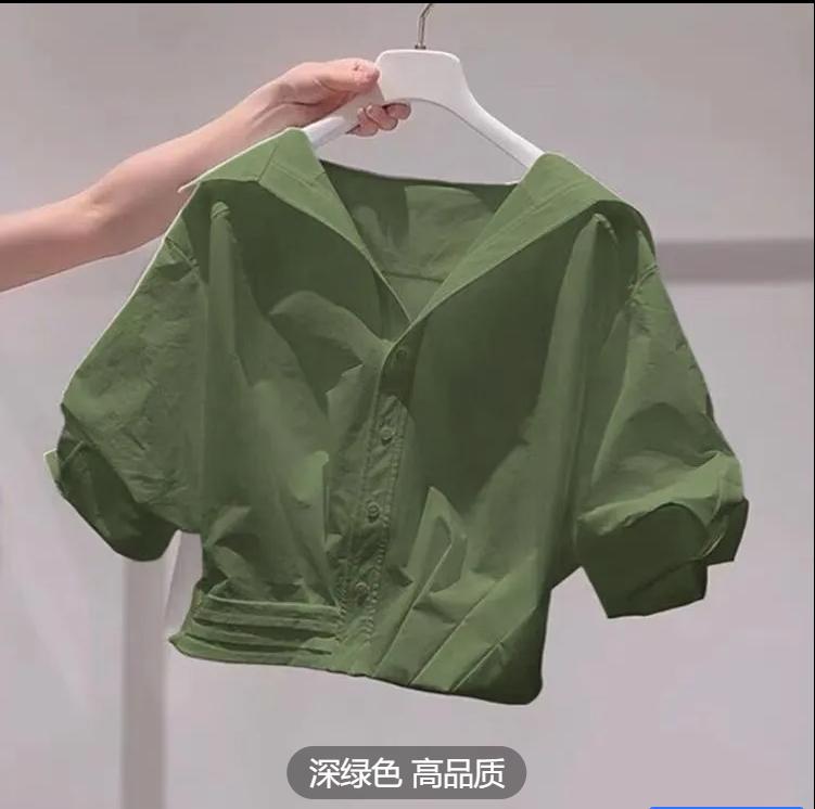 Lapel Bubble Sleeve Shirt Women Loose Fit Cropped Top Female Blouse and Shirt
