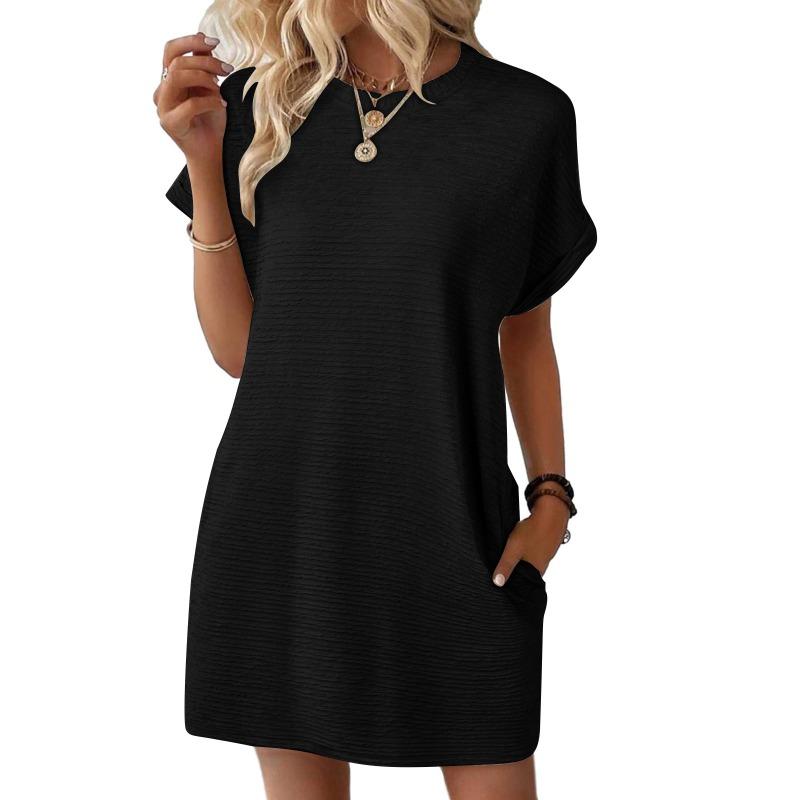 Women's Spring and Summer New Solid Color Round Neck Loose Short-sleeved Pocket Dress
