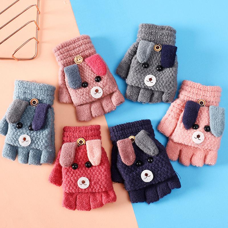 Children's Half Finger Knitted Gloves Autumn and Winter Warm Keeping Pupils' Writing Cartoon Cold Proof and Warm Keeping Boys' and Girls' Gloves
