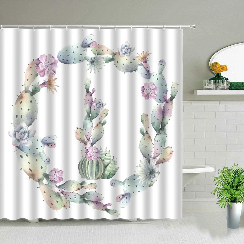 Rideaux Hower de Textile Aquarelle Fleur de Cactus Plantes Tropicales Motif Succulentes Colorées Ensemble Rideau de Douche de Salle de Bain