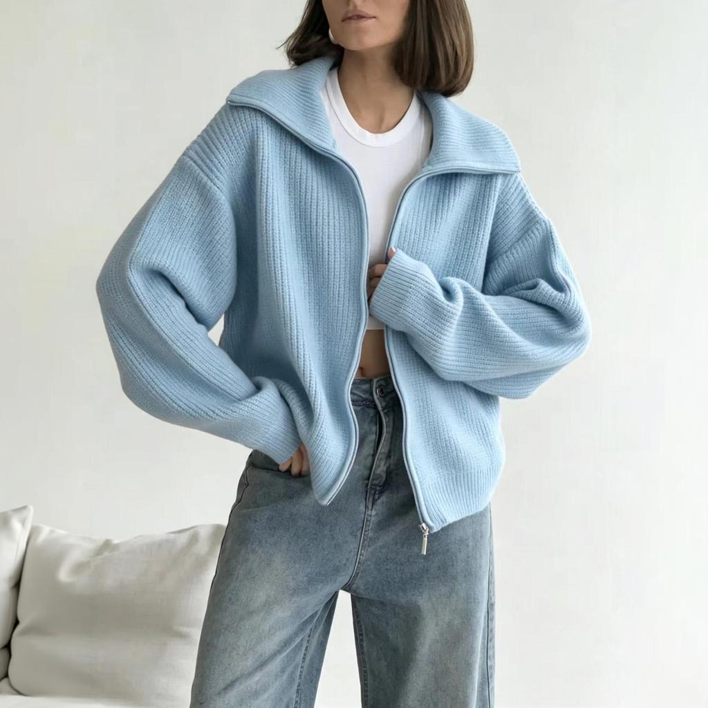 Women's Cardigan Sweater with Notched Collar, Oversized Loose Fit Color Knit Sweater for Fall Winter