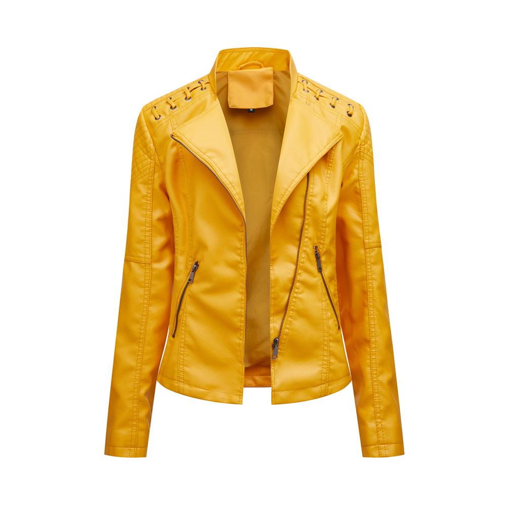Women Fashion Lace-up Leather Jacket Slim Fit Spring Autumn Motorcycle Jacket Zipper Jacket