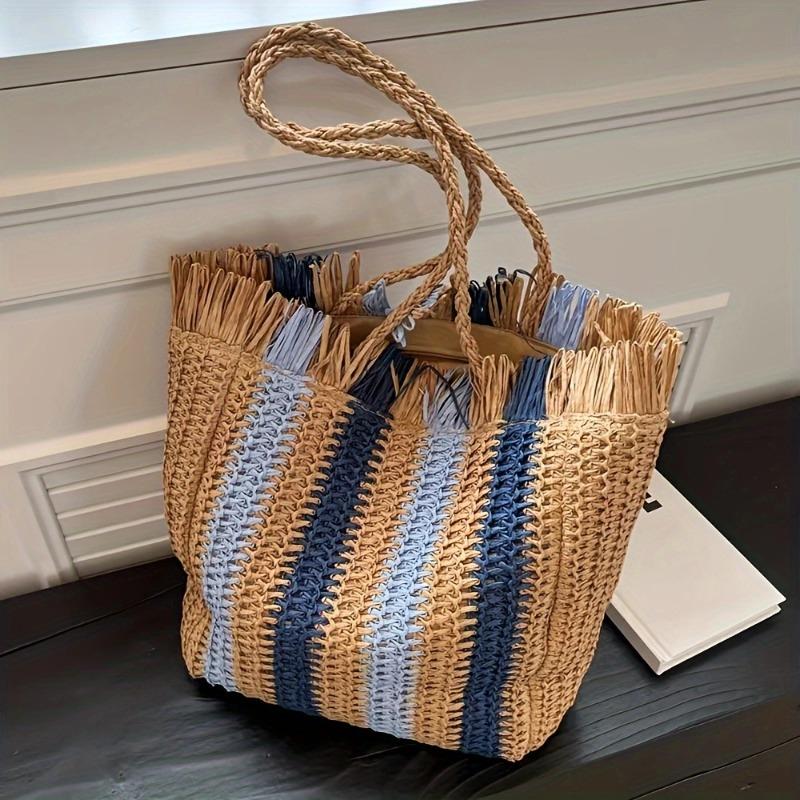 Gestreepte strozak met één schouder, grote capaciteit, nieuwe geweven tas, dames strandtas voor vakantie aan zee
