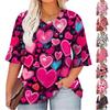 Women's Fashion Casual Printed V-Neck Pleated Seven Minute Sleeve Ruffle Sleeve T-Shirt Plus Size Tops