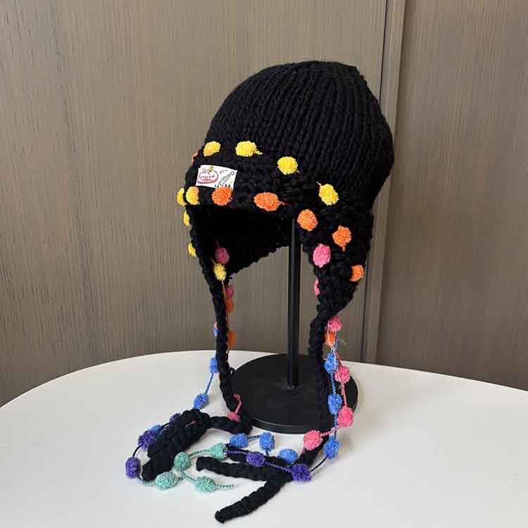 Sweet Cute Colored Braided Wool Hat Vintage Handwoven Fringed Knitted Hat Children's Autumn/Winter Ear Cap