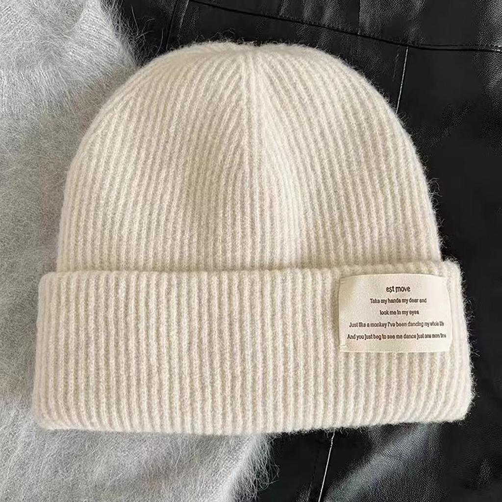 Dámská vlněná pletená zimní zahuštěná čepice Jednobarevná s nálepkou s písmeny Čepice Beanie Čepice Skullies Korejská dívka Chránič uší Proti chladu Puloverová čepice