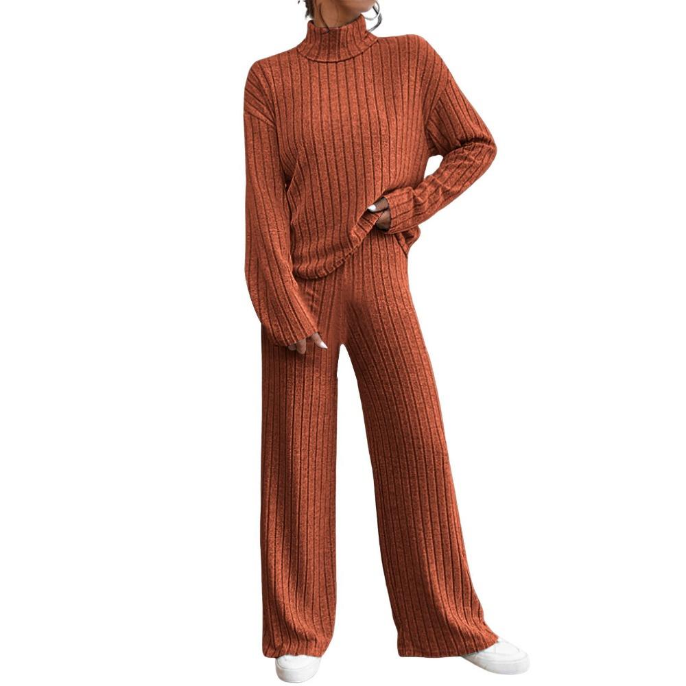 Women 2 Piece Casual Outfit, Turtleneck Knit Long Sleeve Sweatshirt & Loose Pants Set for Autumn Winter