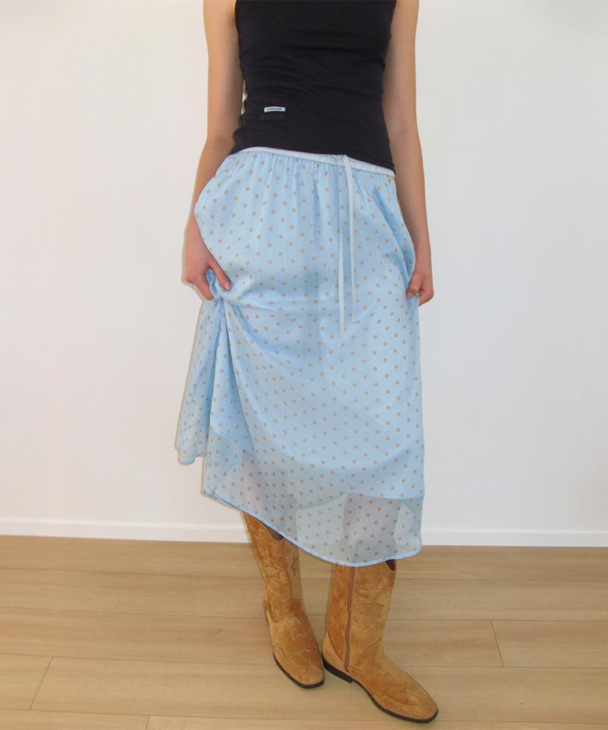 Ronron Sheer Pattern String Long Skirt Dot Blue