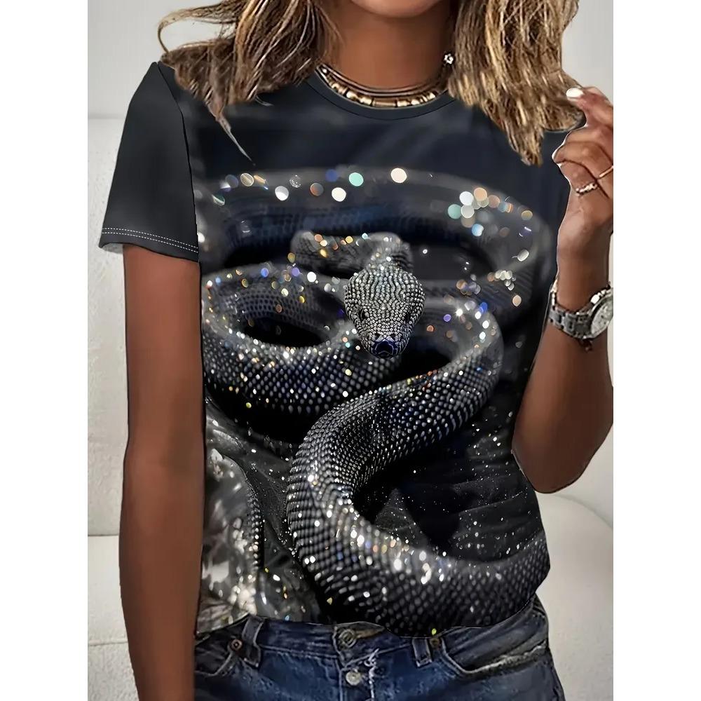 Dam T-shirt 3D Mönster Tryckt Casual Kortärmad Rundhalsad Topp Trendiga Gatu Damkläder