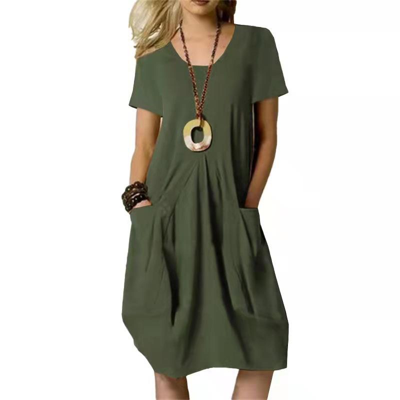 Women's Summer Cotton Linen Solid Color Loose Dress, Round Neck Short Sleeve Casual Midi Dress with Side Pockets