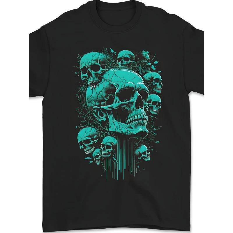 European sizes Men'S Gothic Heavy Metal Rock Music T-Shirt - Turquoise Skull & Bone Graphic Print, Vintage Biker Style Round Neck Short Sleeve Tee