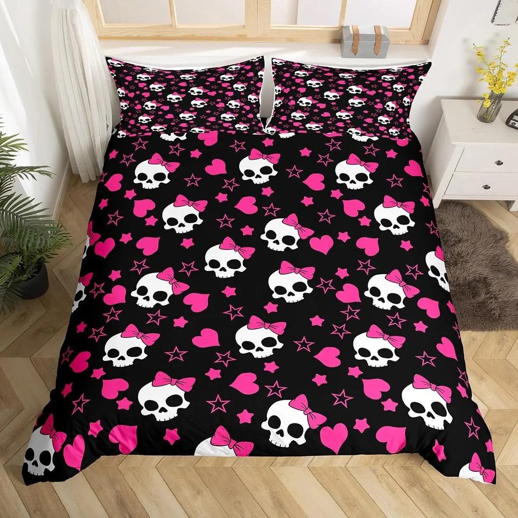 Sugar Skull Bedding Set Queen Skeleton Duvet Cover for Boys Girls Teens Pink Bowknot Comforter Cover Halloween Theme Quilt Cover