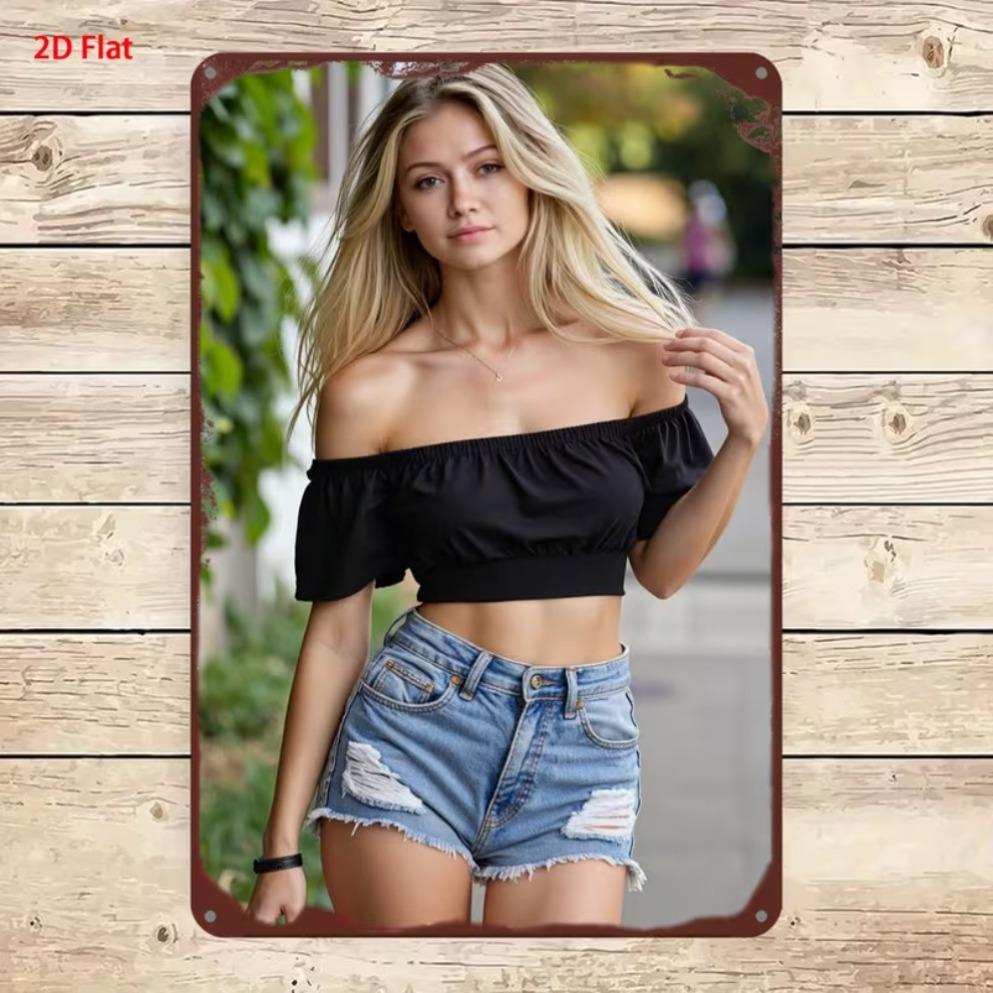 Letrero Vertical de Metal Lata Mujer Rubia Top Corto Amarillo Pantalones Cortos de Mezclilla Paisaje de Flores Silvestres Decoración para Colgar en la Pared