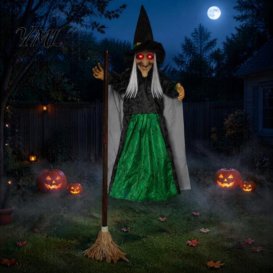 Spooky Haunted House Ornaments 180cm Halloween Props, Flying Witch Decoration with Scary Sounds & Lights, Realistic Evil Figure for Garden Yard Lawn,