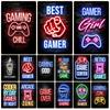 Vintage Gaming Zone Metal Plate Neon Light Style Plaque Gamer Quotes Metal Sign Painting Stickers Playroom Poster WY