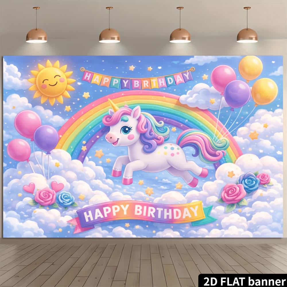 2D flaches Einhorn Geburtstagsfeier Banner Hintergrund Regenbogen Sonne Element Wolke Blauer Himmel Design Einhorn springt über Regenbogenform