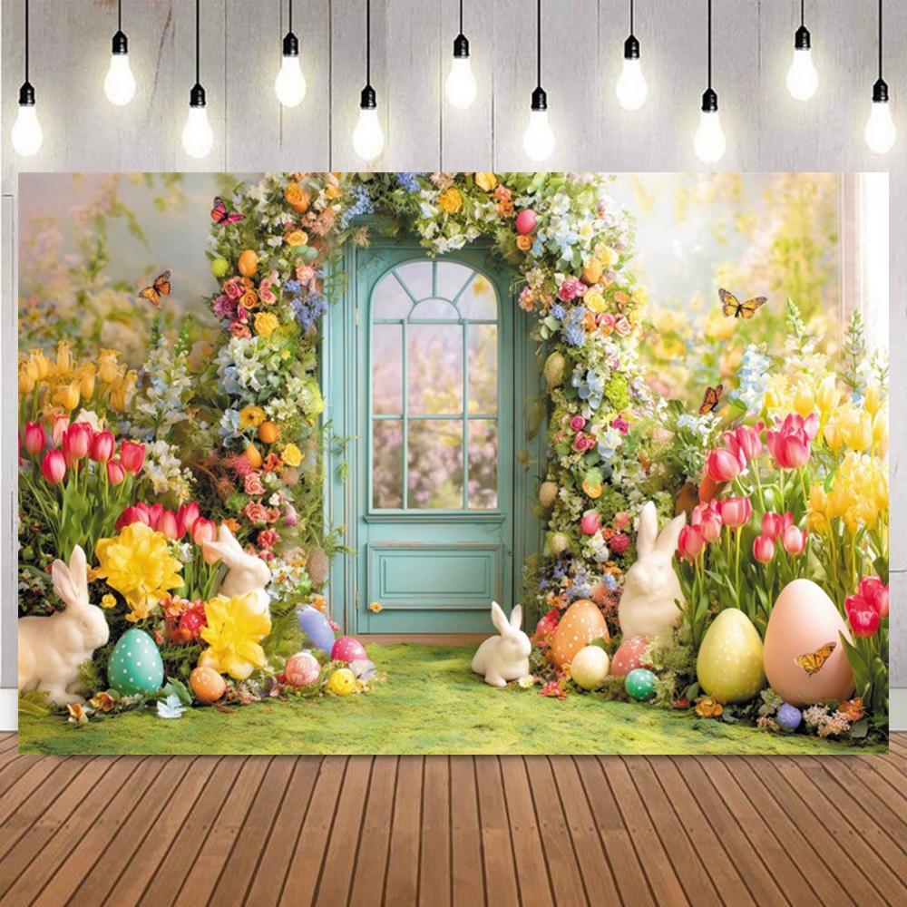 Easter Day Photo Background Flower Green Arch Easter Eggs Rabbit Kids Portrait Baby Shower Birthday Party Decor Backdrop Props5