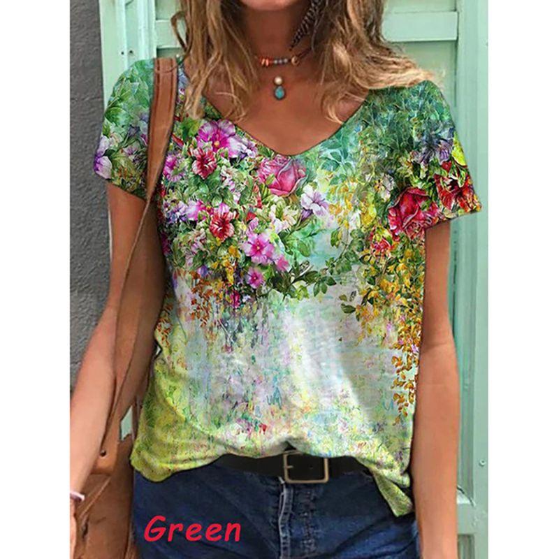 Stylish Womens V Neck Short Sleeve Blouse Soft Casual Baggy Floral T-shirt Tunic Tops