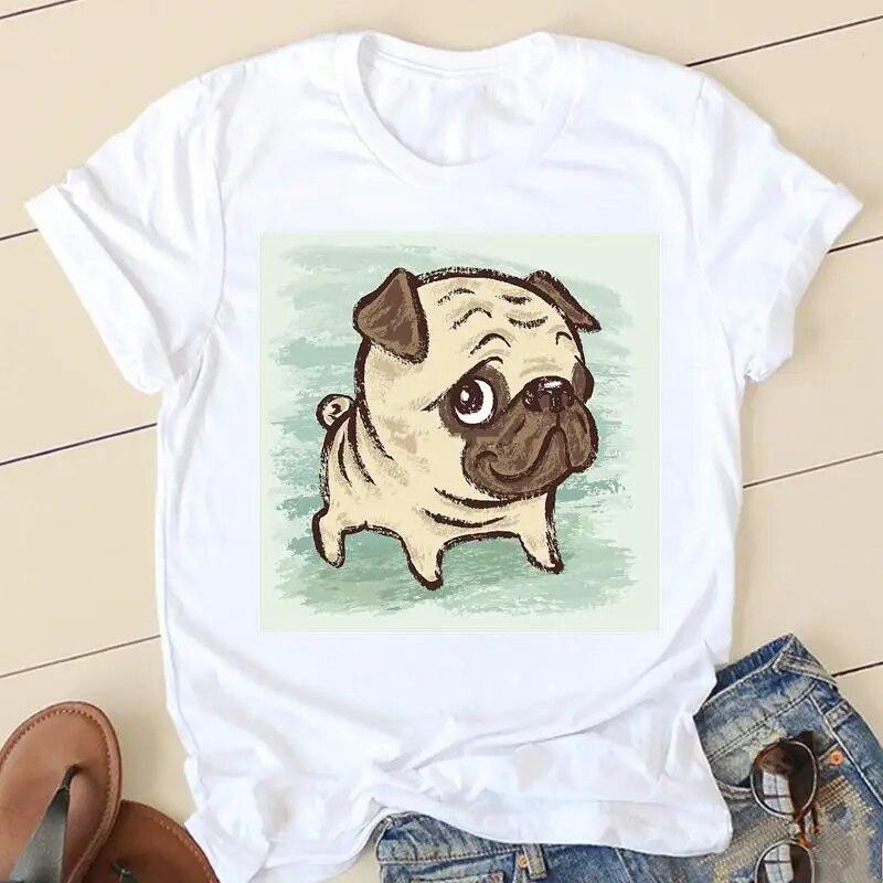 Women T-shirts Ladies Dog Clothing Short Sleeve Cartoon Style Trend Style Pug Clothes Spring Summer Female Tee Graphic Tshirt