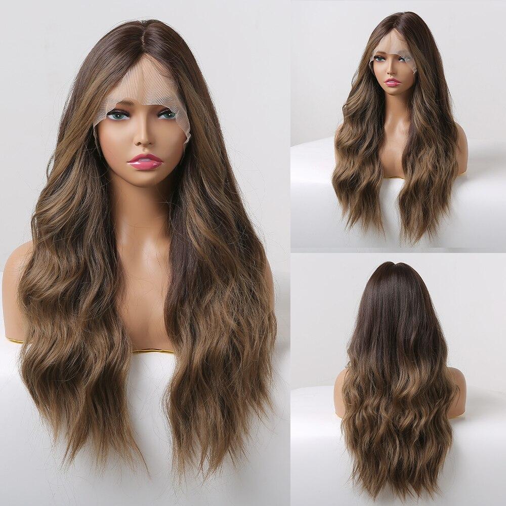 ALAN EATON Long Body Wave Synthetic Lace Front Wigs for Women Afro Brown Ombre To Blonde T Part Lace Wig Colored Highlight Hair