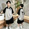 Boys' Korean Style Collared Short Sleeve T-Shirt Set - Summer Casual Printed Patchwork POLO Shirt for Ages 6-15.