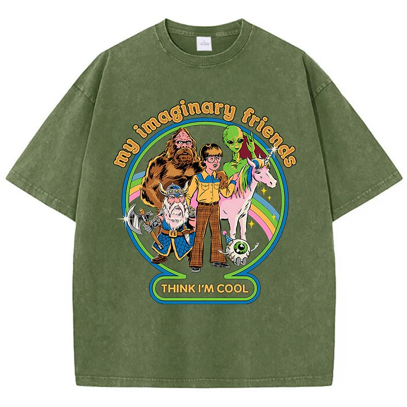 Mes Amis Imaginaires Pensent que Je Suis Cool T-shirts Rétro Délavés Homme T-shirts Respirants T-shirt en Coton Doux T-shirt Oversize