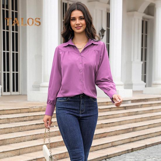 Women Shirt Lapel Puff Long Sleeve Solid Color Single-Breasted Shirt Tops Loose Fit Casual Tops Work Daily Wear