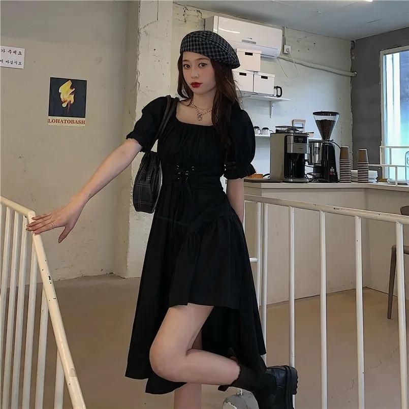WTEMPO Rochie albă pentru femei de vară, elegantă, vintage, Kawaii, cu mâneci bufante, rochie midi, guler pătrat, bandaj, rochie de soare, ținute gotice