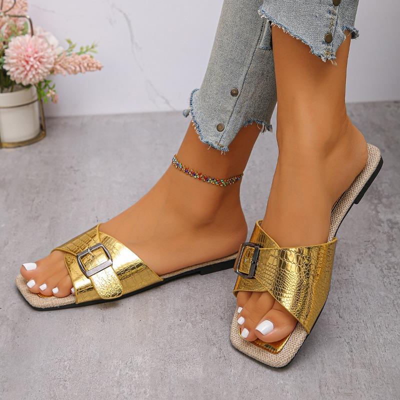 Plus Size Slippers Summer New Square Toe Open Toe Metal Buckle Soft Sole Non-slip Flat Roman Shoes