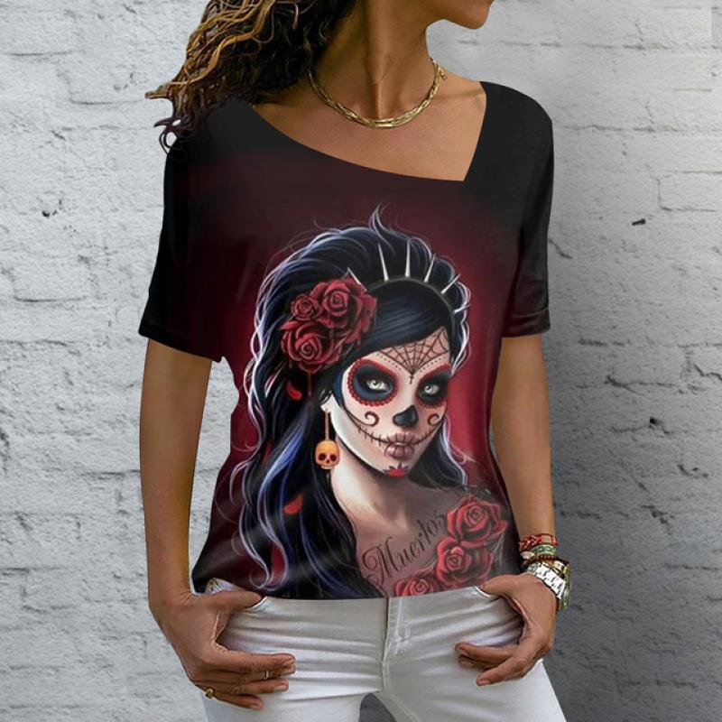 2023 Summer Vintage Skull Face Women's T Shirt Tops V Neck Casual Cotton Short Sleeve Pullover Female Harajuku Punk Streetwear