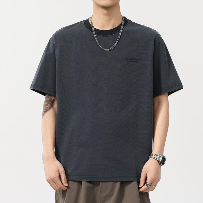 Summer Thin 250g Mens Classic Style Back English Design Trendy Round Neck T-shirt Short Sleeves