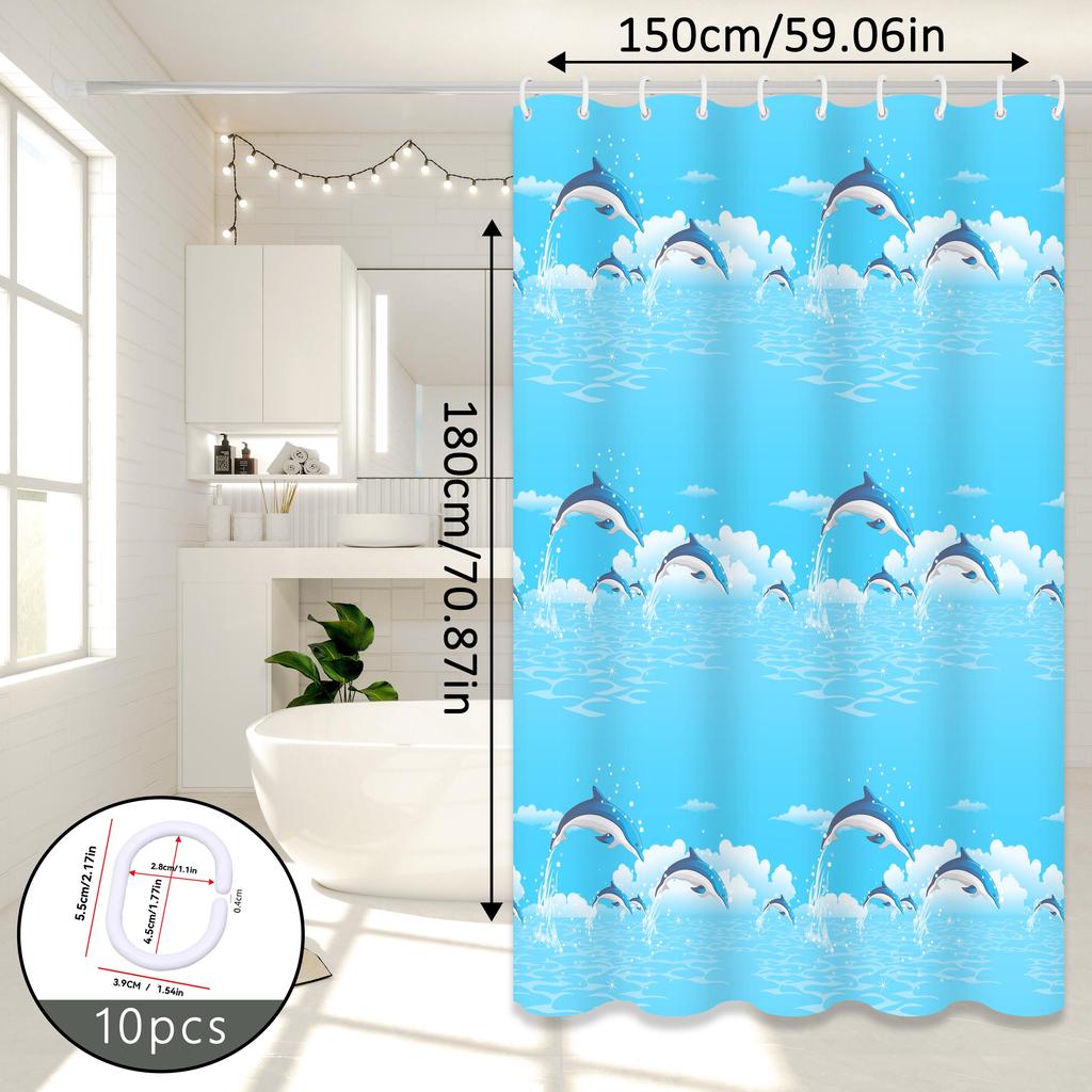 Dolphin Print Cartoon Shower Curtain, Ocean-Themed Bathroom Curtain, Cute Wind Curtain For Parent-Child Room Bathroom