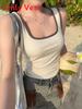 Womens Summer Spliced Cotton Ribbed Tank Top With Builtin Bra For Casual Wear