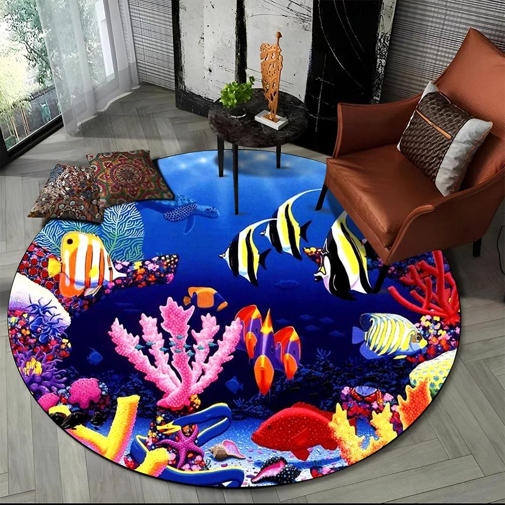 Monde sous-marin Fond marin Poissons Dauphin Dessin animé Tapis rond pour salon chambre enfants Décoration, Tapis de sol antidérapant pour zone animaux de compagnie