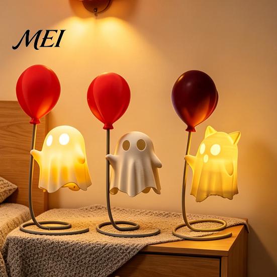 Warm Light Ghost Decor Cute Figurine with Balloon, LED Night Light, Bedside Halloween Decoration for Bedroom Desk Table Centerpiece Cozy Ornament Gift