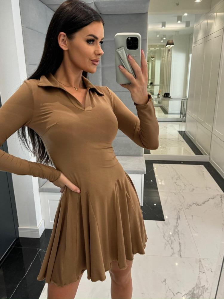 Elegant Autumn Lapel Long Sleeve High Waist Ruffle Hem Slim Pleated Short Comfortable Lightweight Recognition Elegant with Flattering Chic Dress