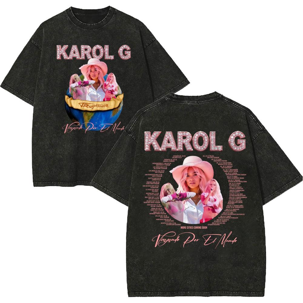 Vintage Tvättad Karol G Tropicoqueta Tour 2026 T-shirts Herr Dam Mode Popmusik T-shirt Sommar Avslappnad Lös Bomulls-T-shirt