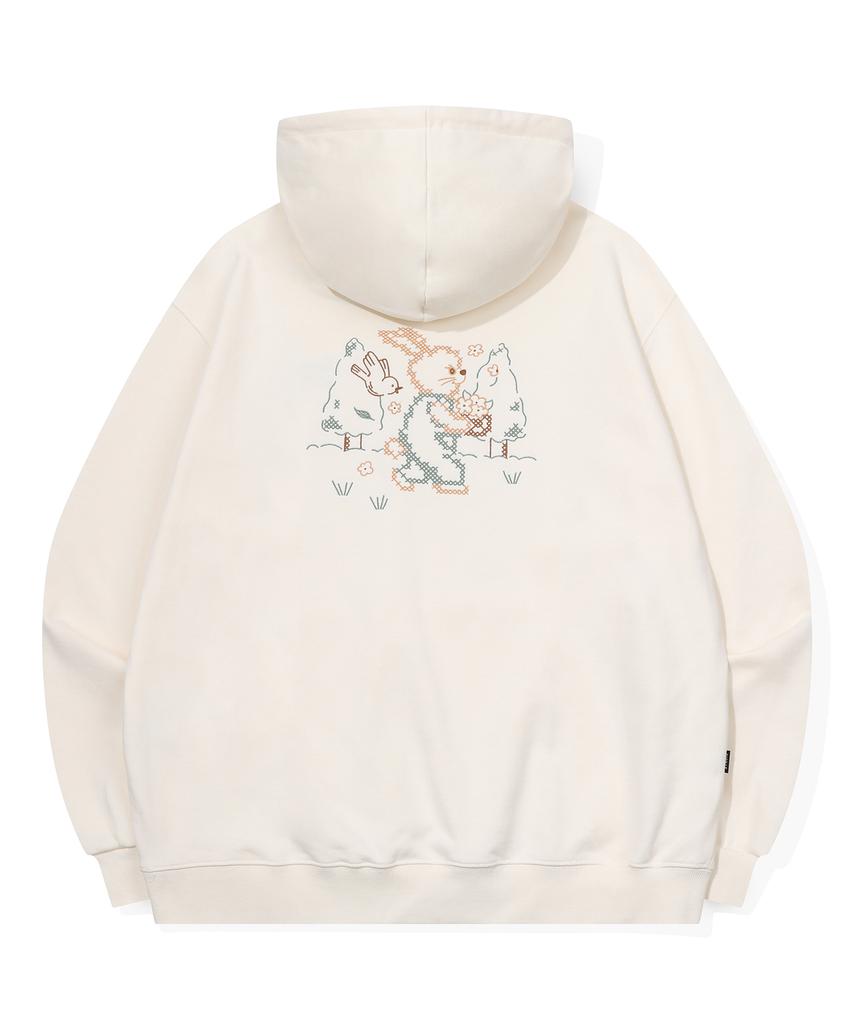 Bunny Flower Embroidered Hoodie Cream