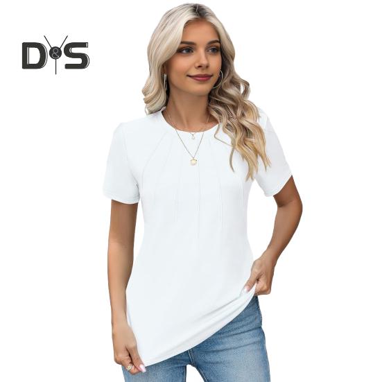 Women Summer Tops O-Neck Short Sleeve Wrinkles Texture Tee Shirt Solid Color Loose Fit Elastic Tops Daily Wear