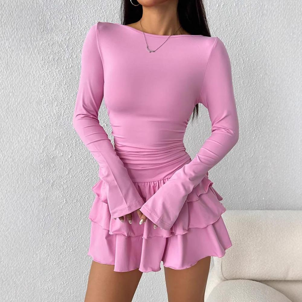 Bequemes dehnbares Bodycon-Kleid für Damen, Stufenkleid mit Rüschensaum und ausgestellten Ärmeln, Schickes Minikleid für den ganzen Tag & Veranstaltungen