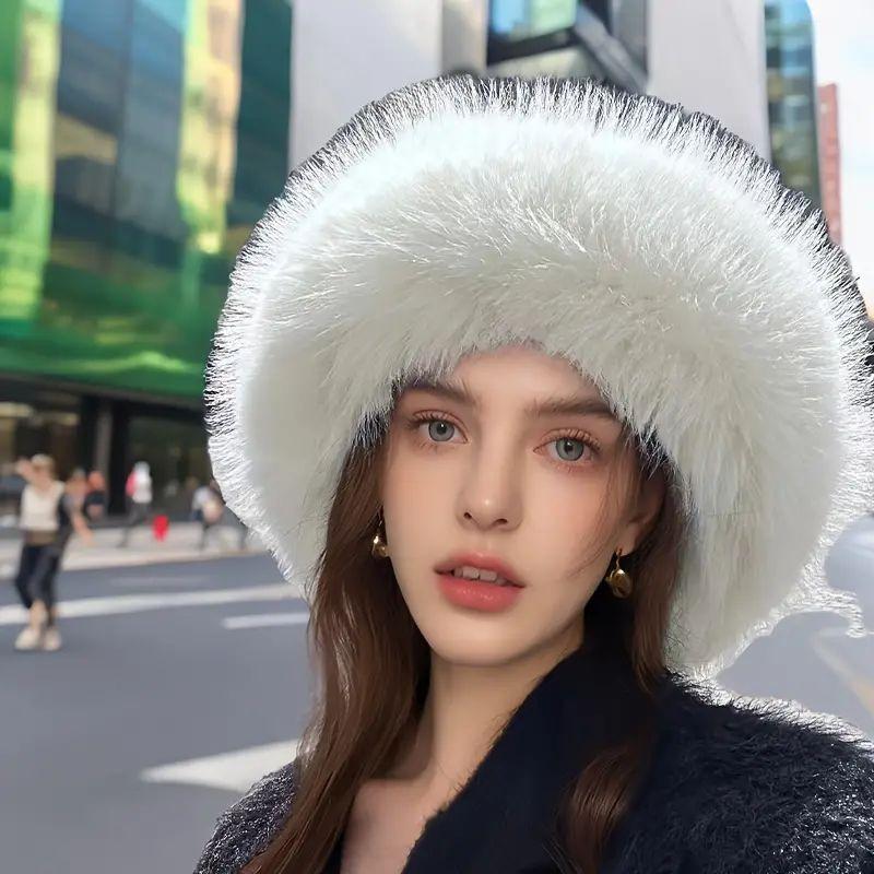 Autumn Winter Thick Warm Women's Fashion Fur Cap Simple Fur Hat Brimless Plush Fluffy Skiing Riding Fisherman's Imitation Mink Fur Ladies Mongolia Cap