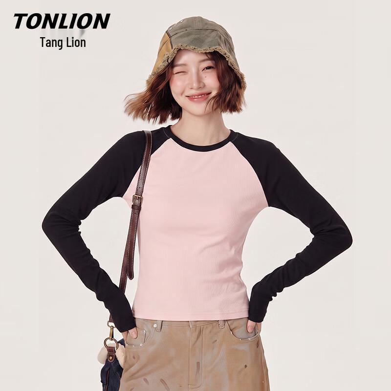 TonLion Damen Slim-Fit Color-Block Langarm-T-Shirt