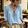 Women's Casual Color V-Neck Blouse with Ruffle Trim and Tie