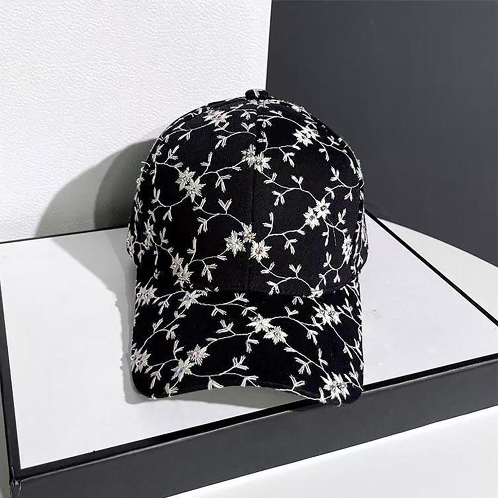 Fashion Floral Print Baseball Hat for Women Shiny Rhinestone Sunshade Adjustable Duck Tongue Cap Girls Outdoor Peaked Hat