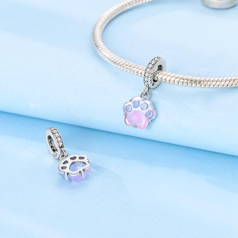 Compatible With Authentic Original Bracelet High Quality Fine Jewelry Copper Metal Luminous Pink Blue Paw Print Pendant Bead Components Charm Bead