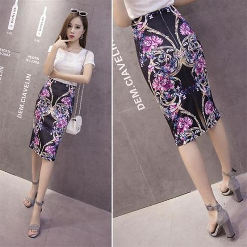 Summer Print Elegant Pencil Skirt Women Bodycon High Waist Knee Length Skirt Female