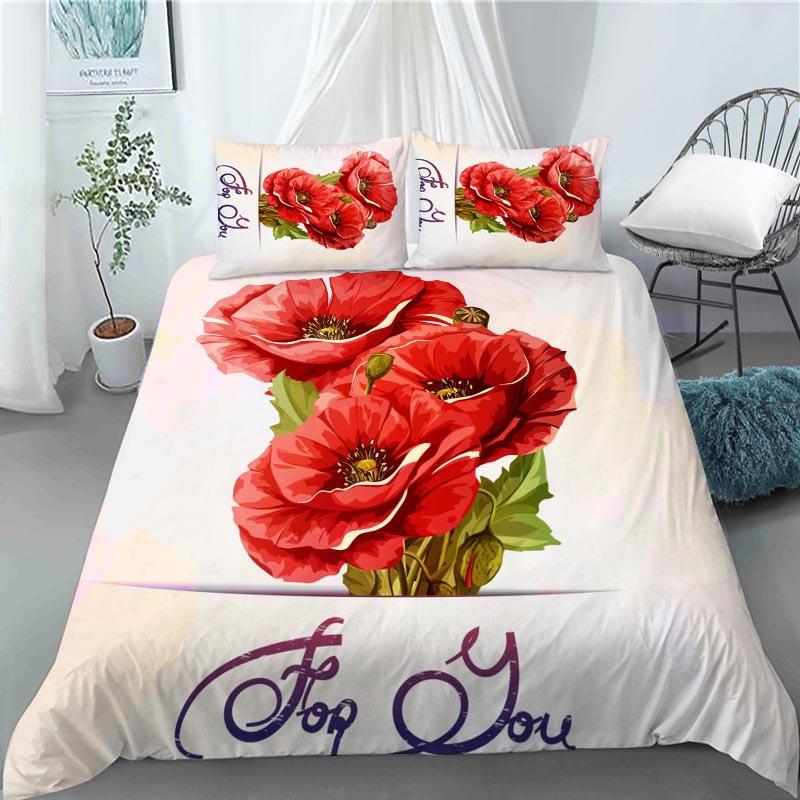 3D Rode Klaproos Dekbedovertrek King Queen Size Mooie Bloem Polyester Dekbedhoes met Kussenslopen Kinderen Volwassenen Huis Slaapkamer Decoratie
