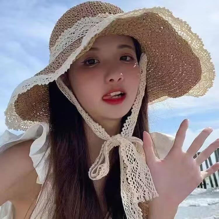Hat Women's Spring and Summer Versatile Big Brim Straw Hat Summer Seaside Bucket Hat Face Small Sunscreen Hat Sun Hat