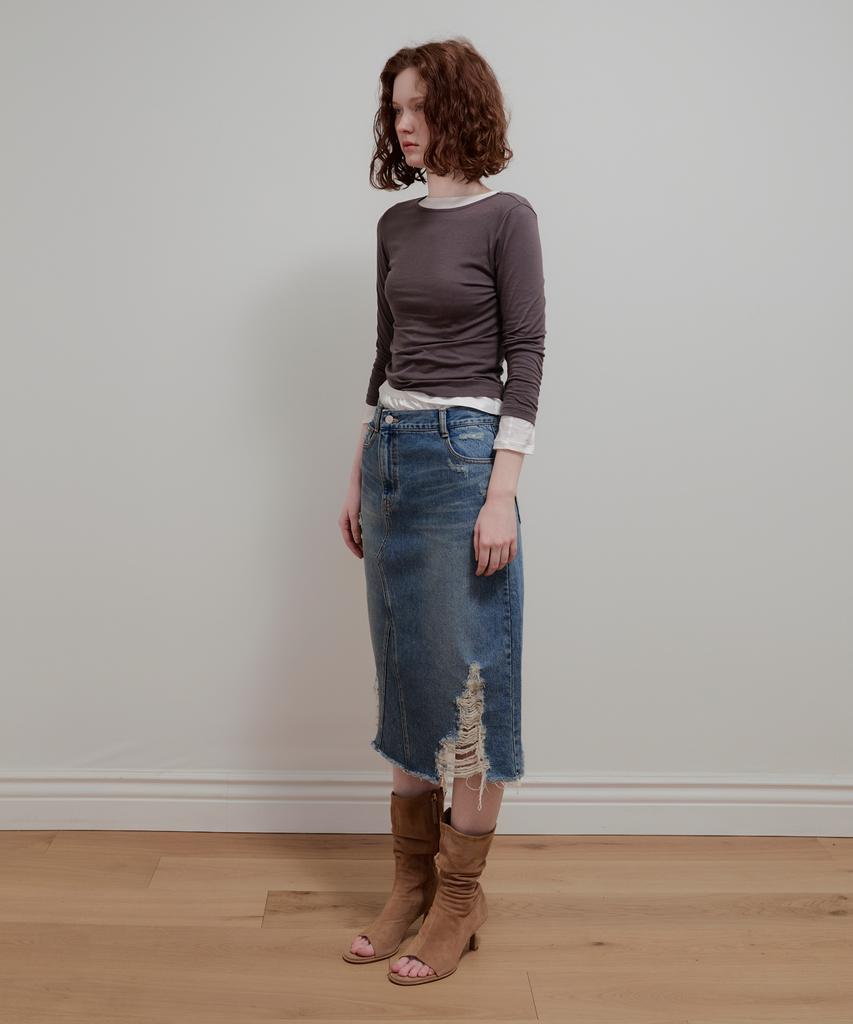 Aobteu Vintage Washed Denim Skirt - Blue
