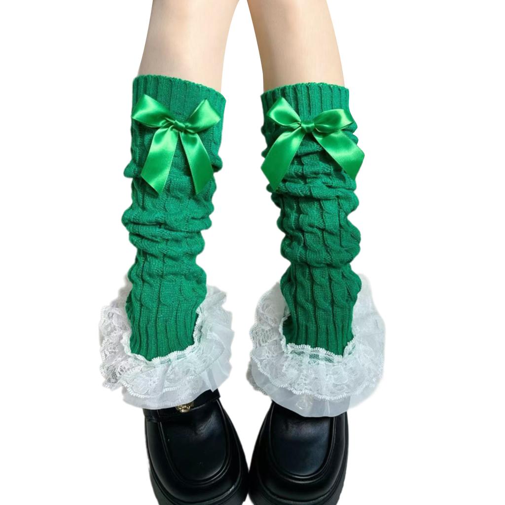 Ästhetische Elegante Mehrlagige Rüschen-Spitzenbesatz Beinstulpen für Damen Zopfmuster Beinhüllen Fußlose Socken mit Schleife
